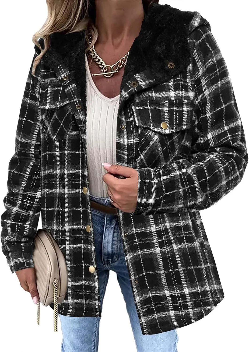 Women's Long Sleeve Plaid Sherpa Lined Hooded Jacket Warm Winter Outerwear With Pockets Stylish And Comfortable Coats