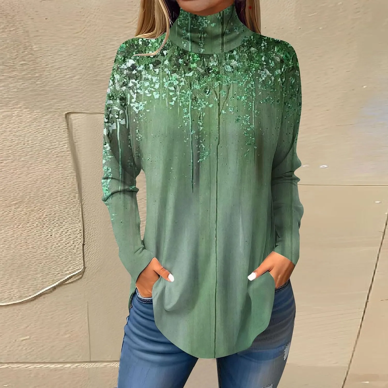 Womens Long Sleeve Tops Printing Long Sleeve T Shirt High Neck Classic Outfits Winter Trendy Cute Pullover Tops