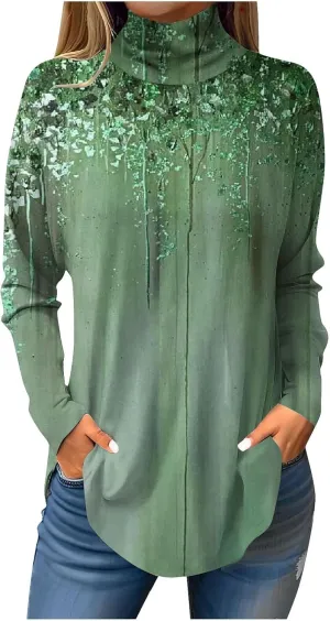 Womens Long Sleeve Tops Printing Long Sleeve T Shirt High Neck Classic Outfits Winter Trendy Cute Pullover Tops