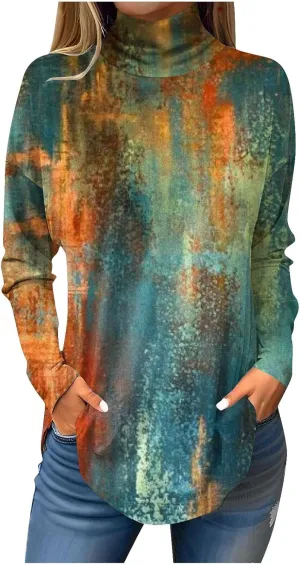 Womens Long Sleeve Tops Printing Long Sleeve T Shirt High Neck Classic Outfits Winter Trendy Cute Pullover Tops