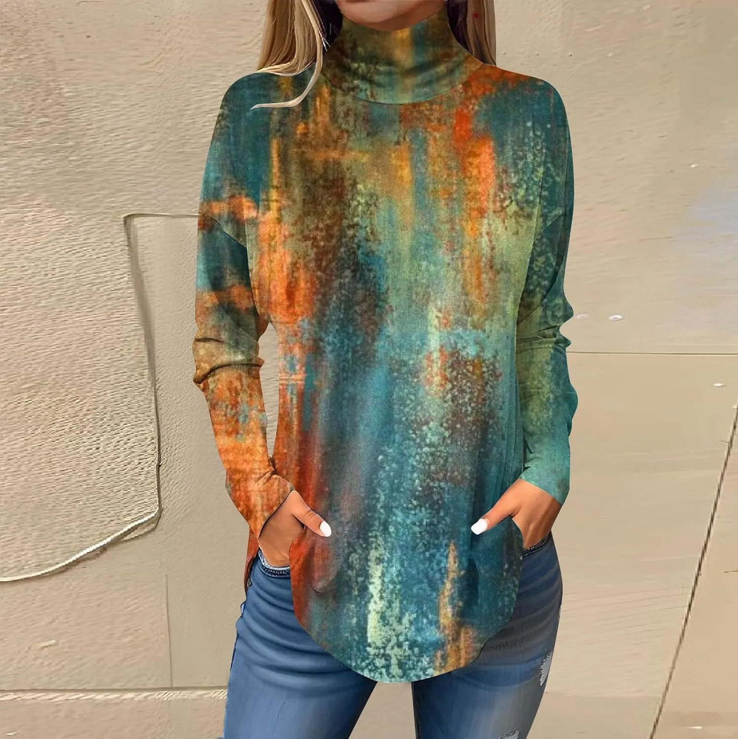 Womens Long Sleeve Tops Printing Long Sleeve T Shirt High Neck Classic Outfits Winter Trendy Cute Pullover Tops