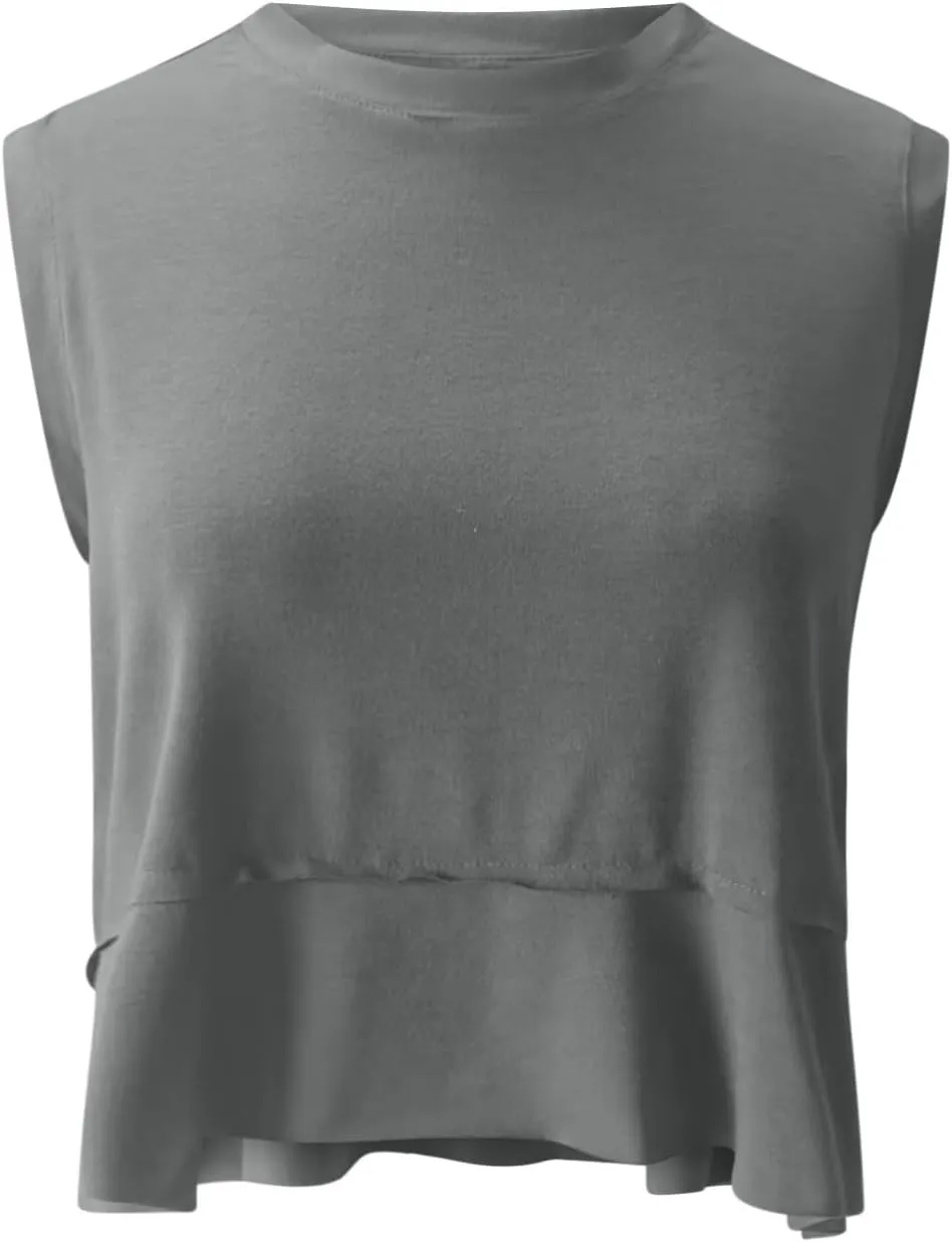 Womens Modal Crop Tank Tops Sleeveless Athletic Shirt Workout Top Crewneck Loose Fit Summer Yoga Gym T Shirts