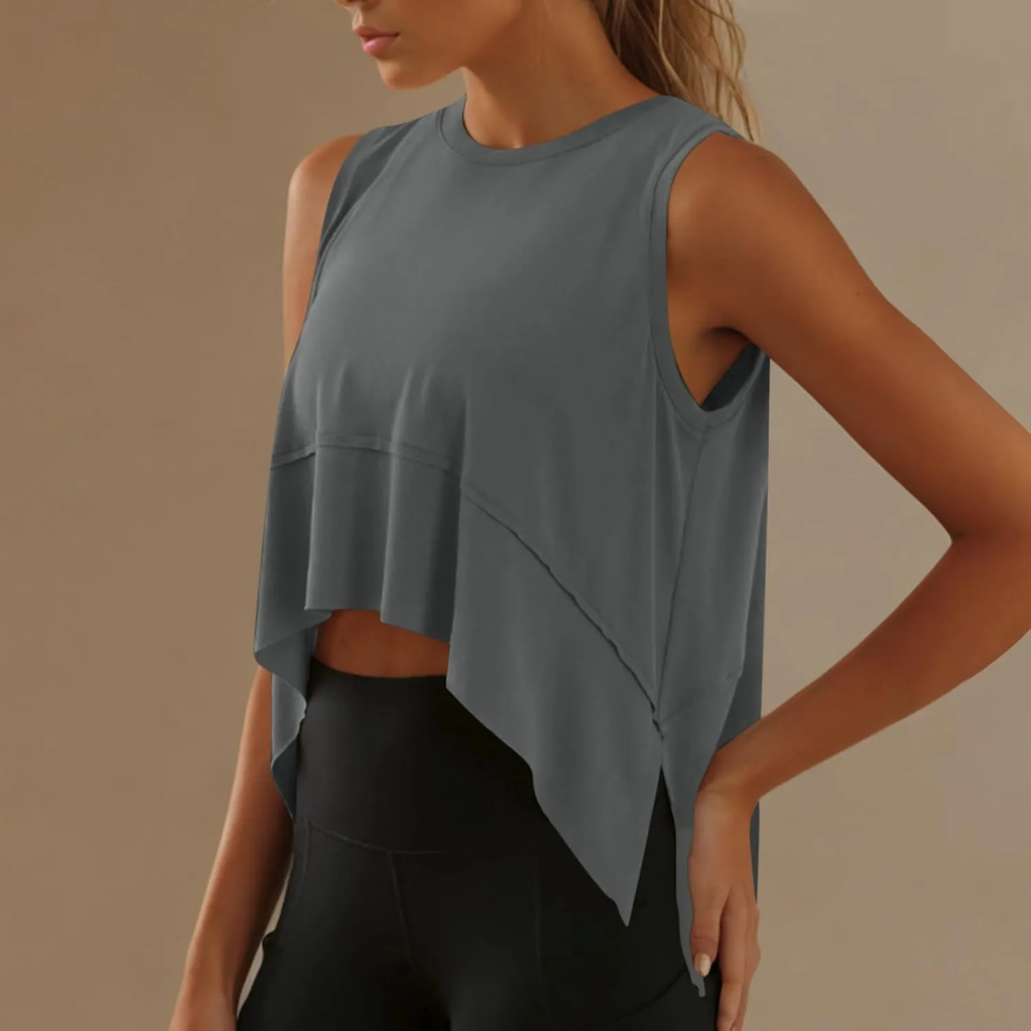Womens Modal Crop Tank Tops Sleeveless Athletic Shirt Workout Top Crewneck Loose Fit Summer Yoga Gym T Shirts