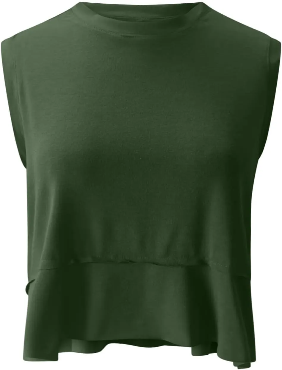Womens Modal Crop Tank Tops Sleeveless Athletic Shirt Workout Top Crewneck Loose Fit Summer Yoga Gym T Shirts
