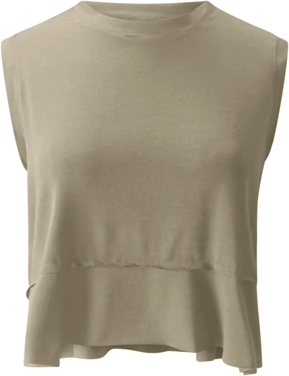 Womens Modal Crop Tank Tops Sleeveless Athletic Shirt Workout Top Crewneck Loose Fit Summer Yoga Gym T Shirts