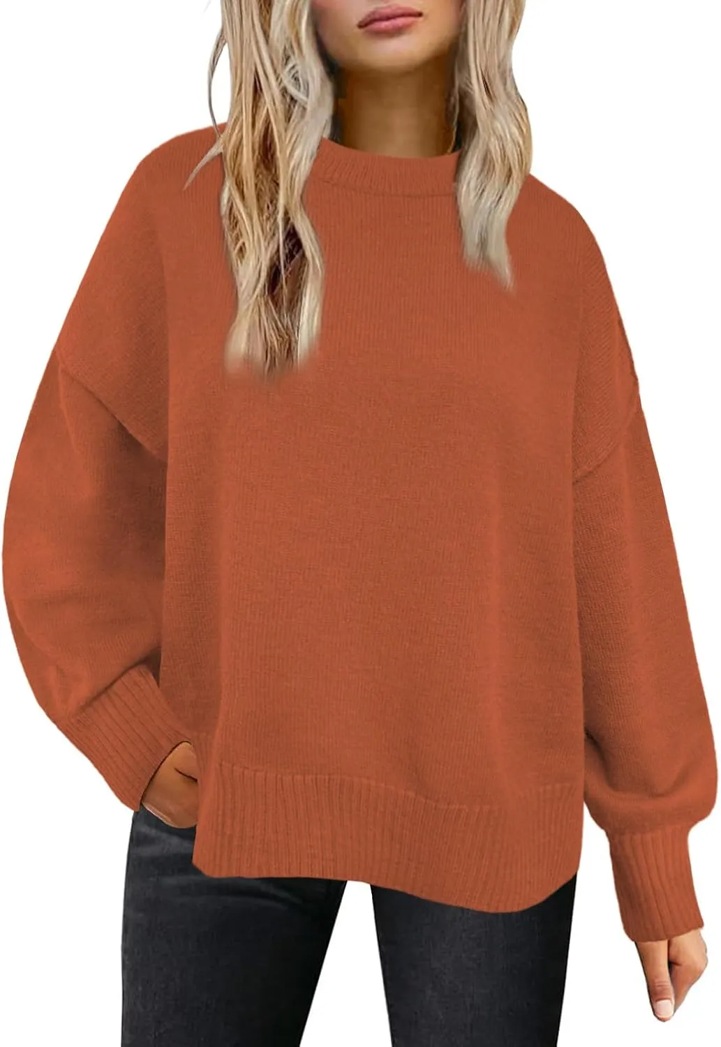 Womens Oversized Sweaters Trendy Ribbed Knit Pullover Tops Side Slit Crewneck Sweatshirts Fall Fashion 2024