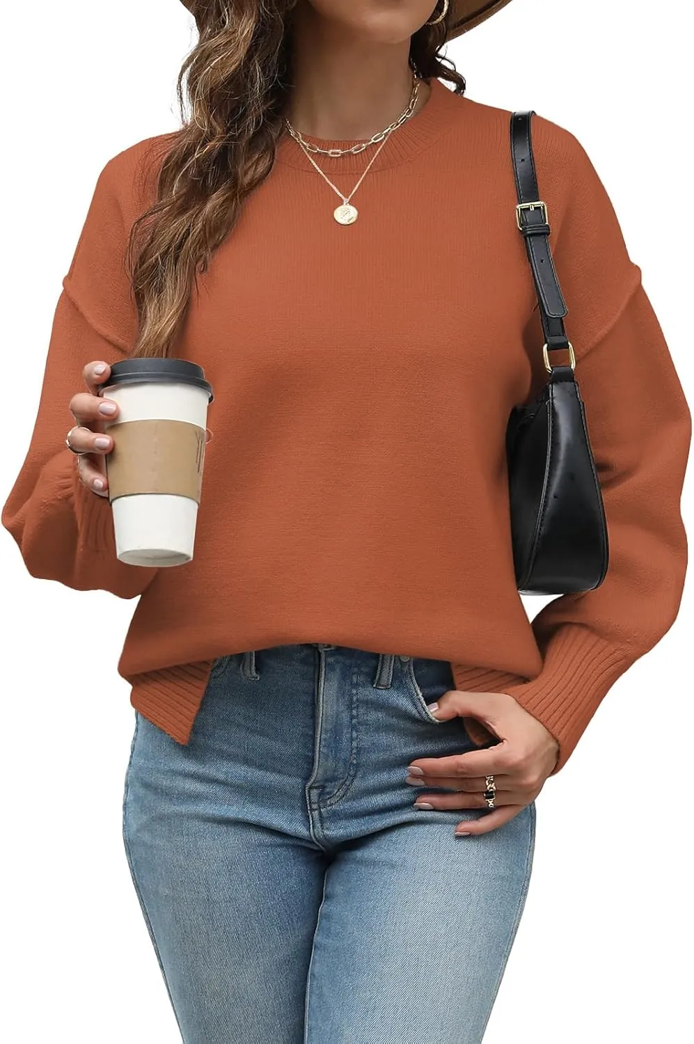 Womens Oversized Sweaters Trendy Ribbed Knit Pullover Tops Side Slit Crewneck Sweatshirts Fall Fashion 2024