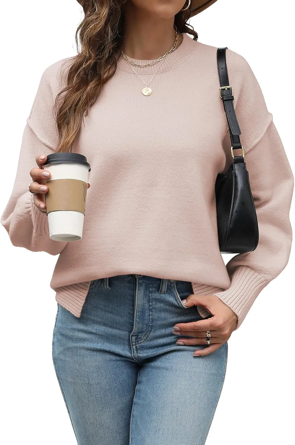 Womens Oversized Sweaters Trendy Ribbed Knit Pullover Tops Side Slit Crewneck Sweatshirts Fall Fashion 2024