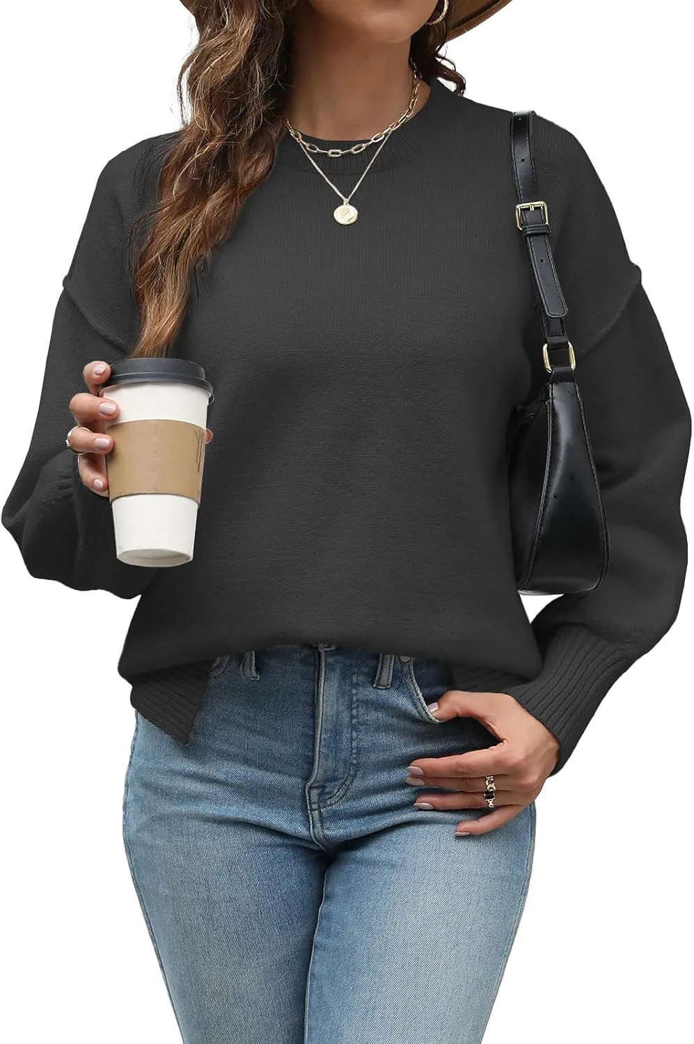 Womens Oversized Sweaters Trendy Ribbed Knit Pullover Tops Side Slit Crewneck Sweatshirts Fall Fashion 2024