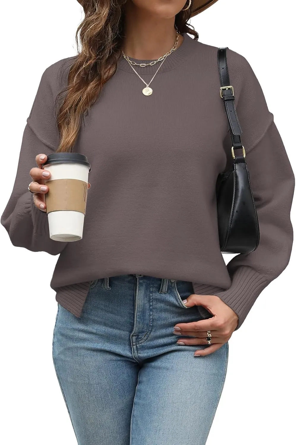 Womens Oversized Sweaters Trendy Ribbed Knit Pullover Tops Side Slit Crewneck Sweatshirts Fall Fashion 2024