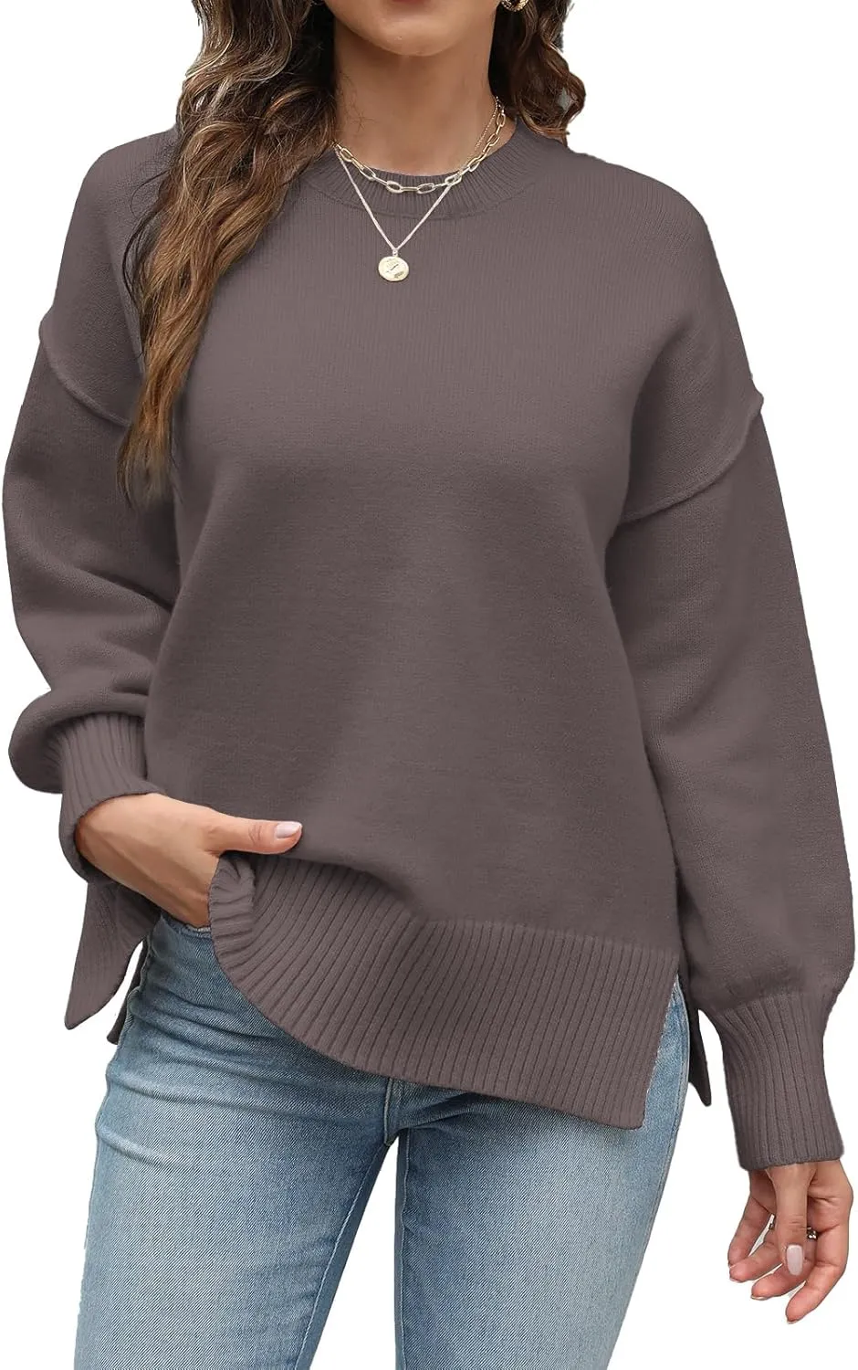 Womens Oversized Sweaters Trendy Ribbed Knit Pullover Tops Side Slit Crewneck Sweatshirts Fall Fashion 2024