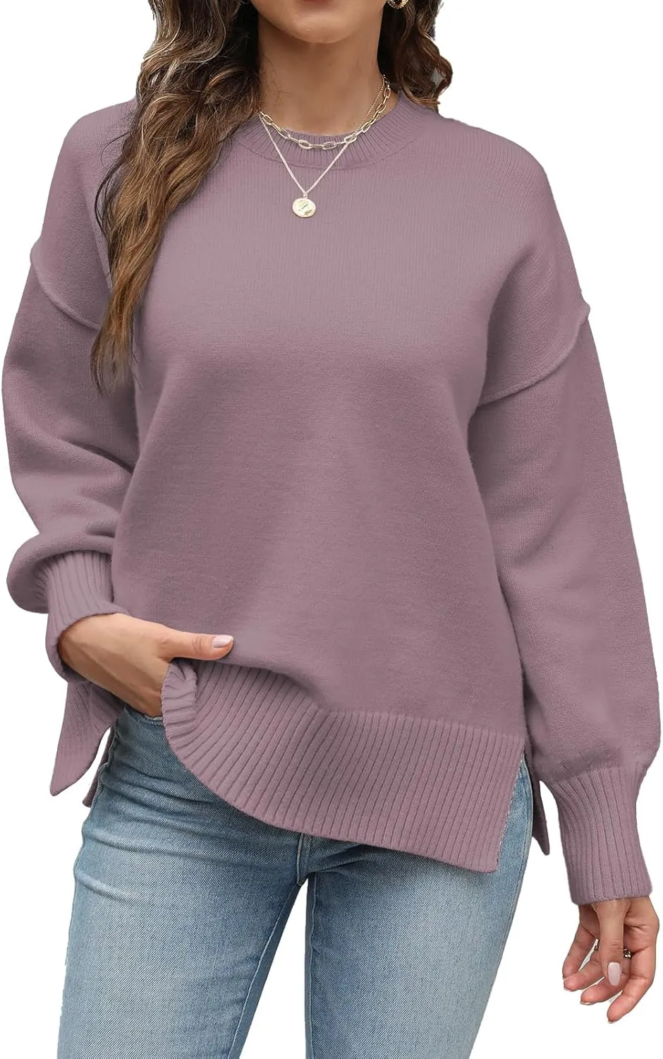 Womens Oversized Sweaters Trendy Ribbed Knit Pullover Tops Side Slit Crewneck Sweatshirts Fall Fashion 2024