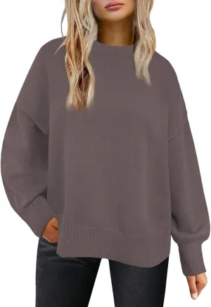 Womens Oversized Sweaters Trendy Ribbed Knit Pullover Tops Side Slit Crewneck Sweatshirts Fall Fashion 2024