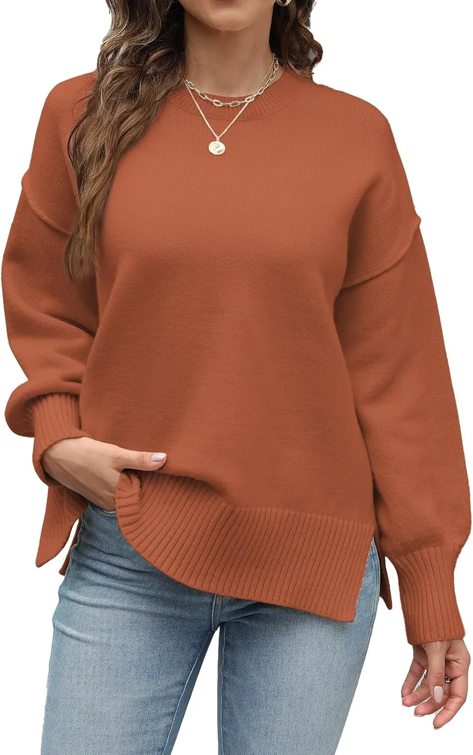 Womens Oversized Sweaters Trendy Ribbed Knit Pullover Tops Side Slit Crewneck Sweatshirts Fall Fashion 2024