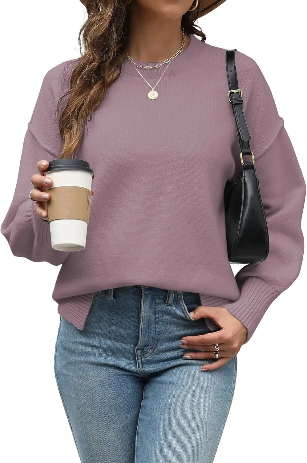 Womens Oversized Sweaters Trendy Ribbed Knit Pullover Tops Side Slit Crewneck Sweatshirts Fall Fashion 2024