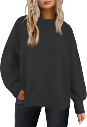 Womens Oversized Sweaters Trendy Ribbed Knit Pullover Tops Side Slit Crewneck Sweatshirts Fall Fashion 2024