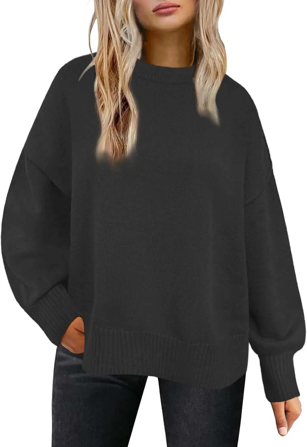 Womens Oversized Sweaters Trendy Ribbed Knit Pullover Tops Side Slit Crewneck Sweatshirts Fall Fashion 2024