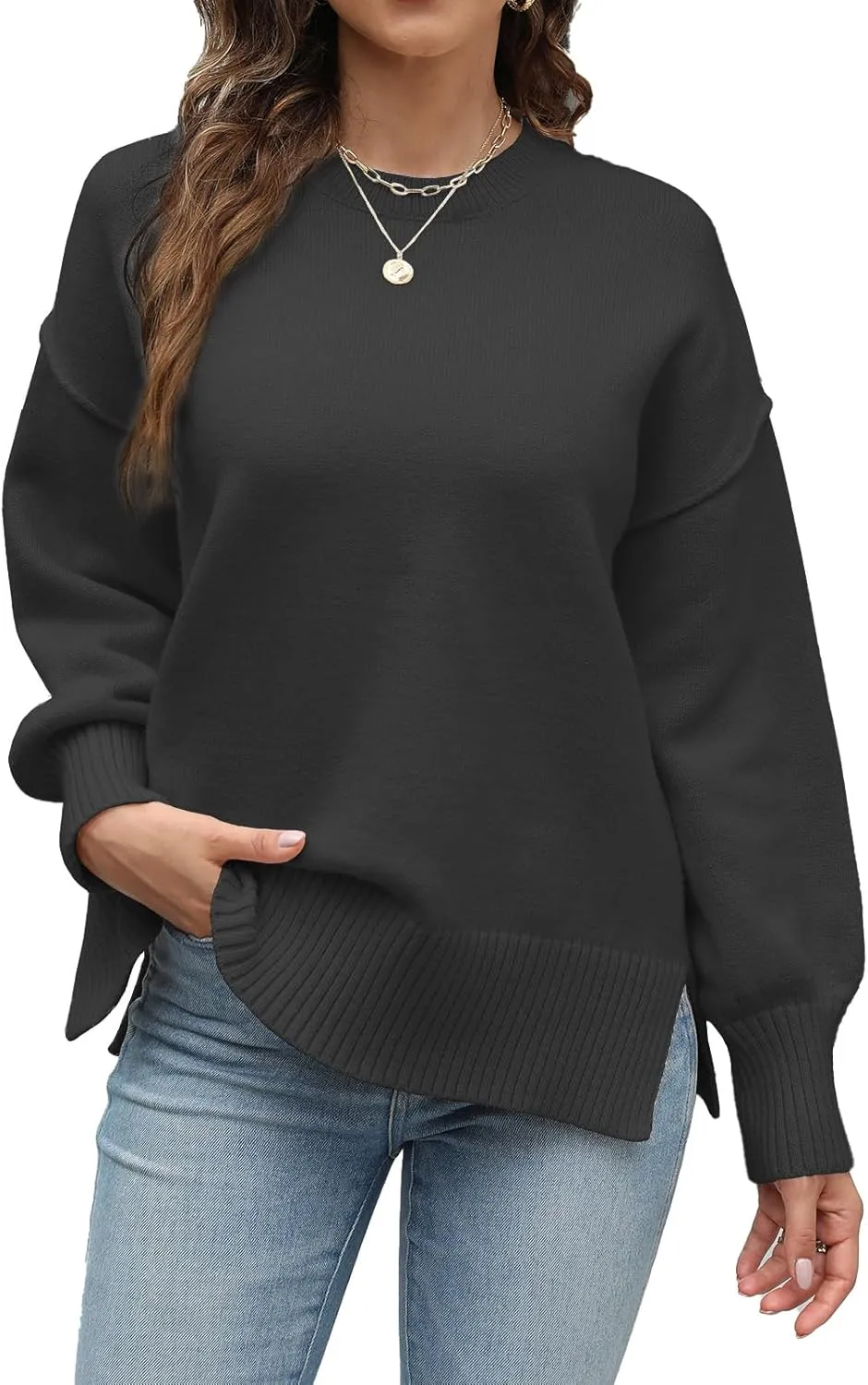 Womens Oversized Sweaters Trendy Ribbed Knit Pullover Tops Side Slit Crewneck Sweatshirts Fall Fashion 2024