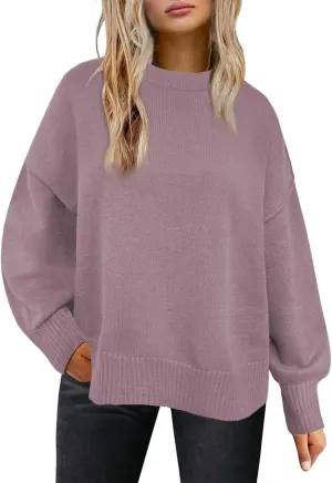 Womens Oversized Sweaters Trendy Ribbed Knit Pullover Tops Side Slit Crewneck Sweatshirts Fall Fashion 2024