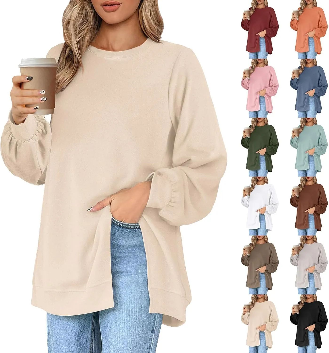 Womens Oversized Sweatshirt Y2k Baggy Side Slit Crewneck Sweatshirts Loose Fit Lightweight Pullover Tops Fall Clothes