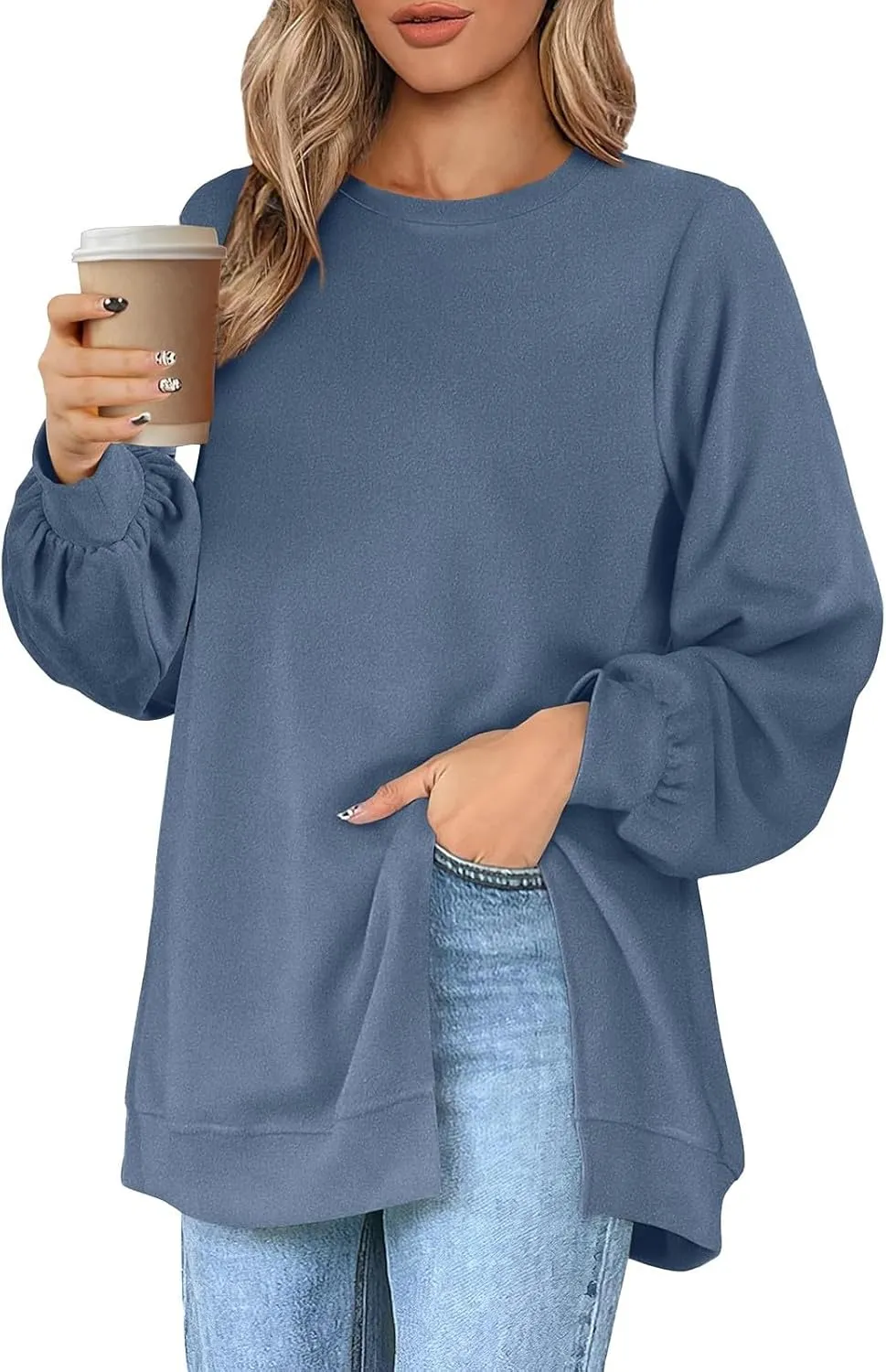 Womens Oversized Sweatshirt Y2k Baggy Side Slit Crewneck Sweatshirts Loose Fit Lightweight Pullover Tops Fall Clothes