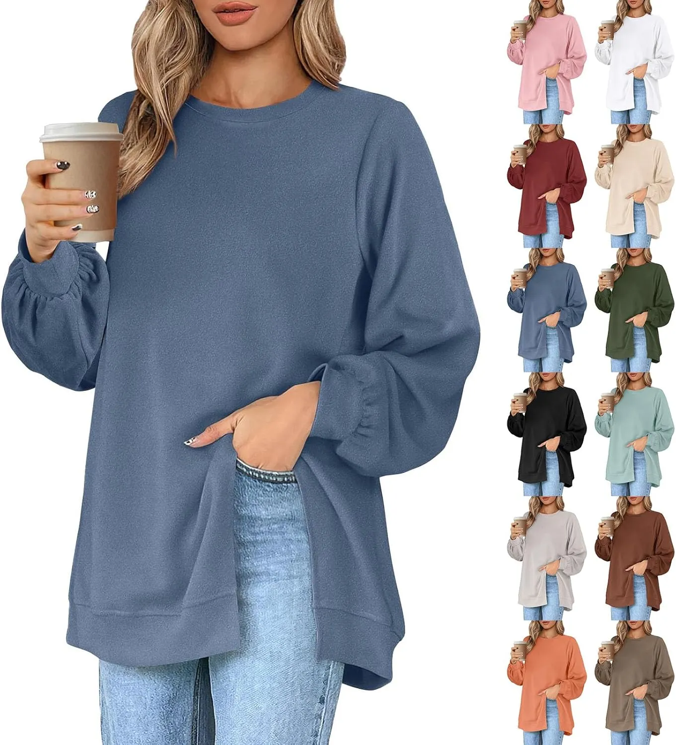 Womens Oversized Sweatshirt Y2k Baggy Side Slit Crewneck Sweatshirts Loose Fit Lightweight Pullover Tops Fall Clothes