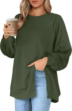 Womens Oversized Sweatshirt Y2k Baggy Side Slit Crewneck Sweatshirts Loose Fit Lightweight Pullover Tops Fall Clothes
