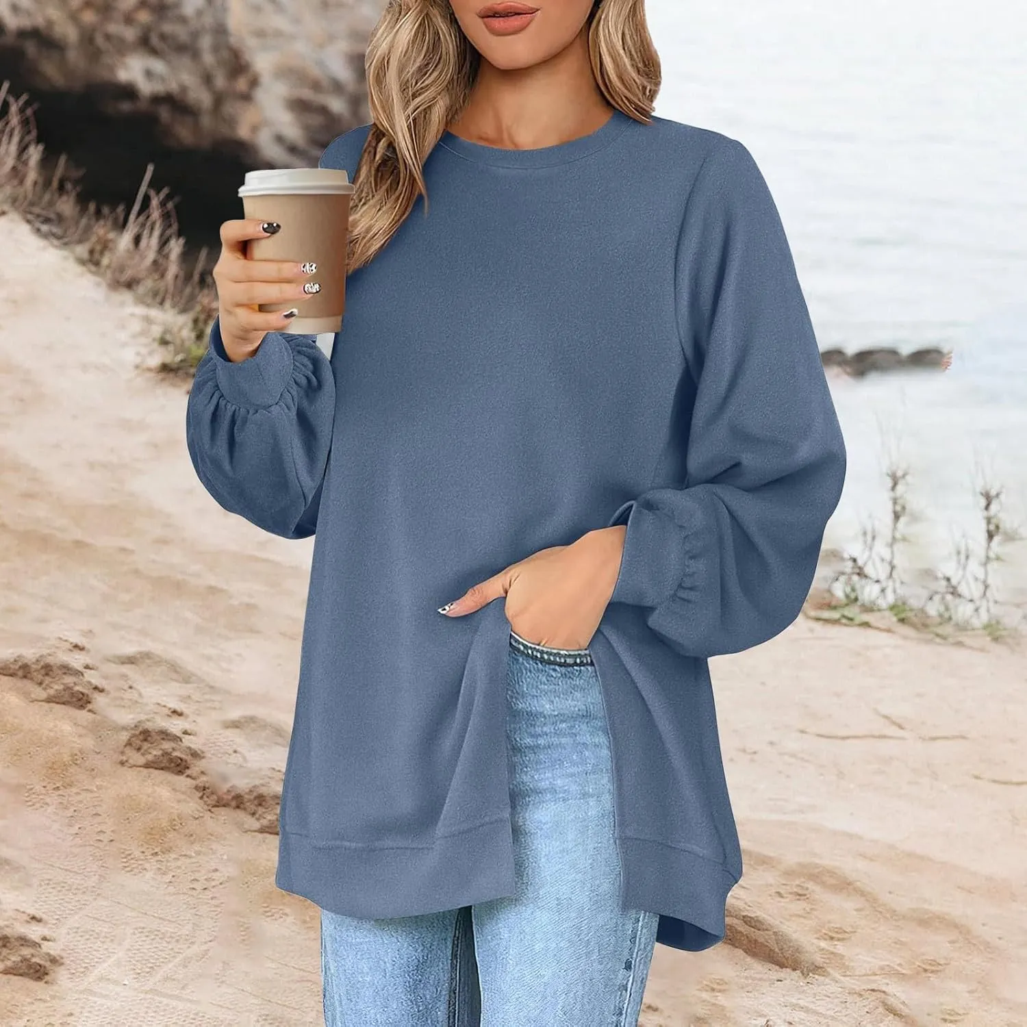 Womens Oversized Sweatshirt Y2k Baggy Side Slit Crewneck Sweatshirts Loose Fit Lightweight Pullover Tops Fall Clothes