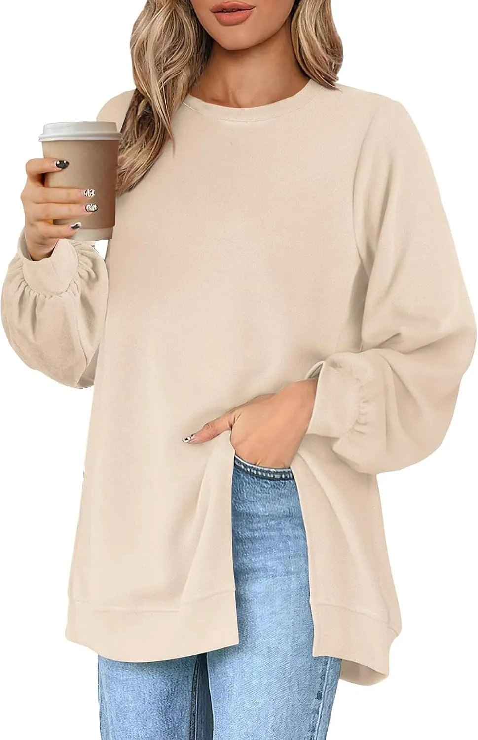 Womens Oversized Sweatshirt Y2k Baggy Side Slit Crewneck Sweatshirts Loose Fit Lightweight Pullover Tops Fall Clothes