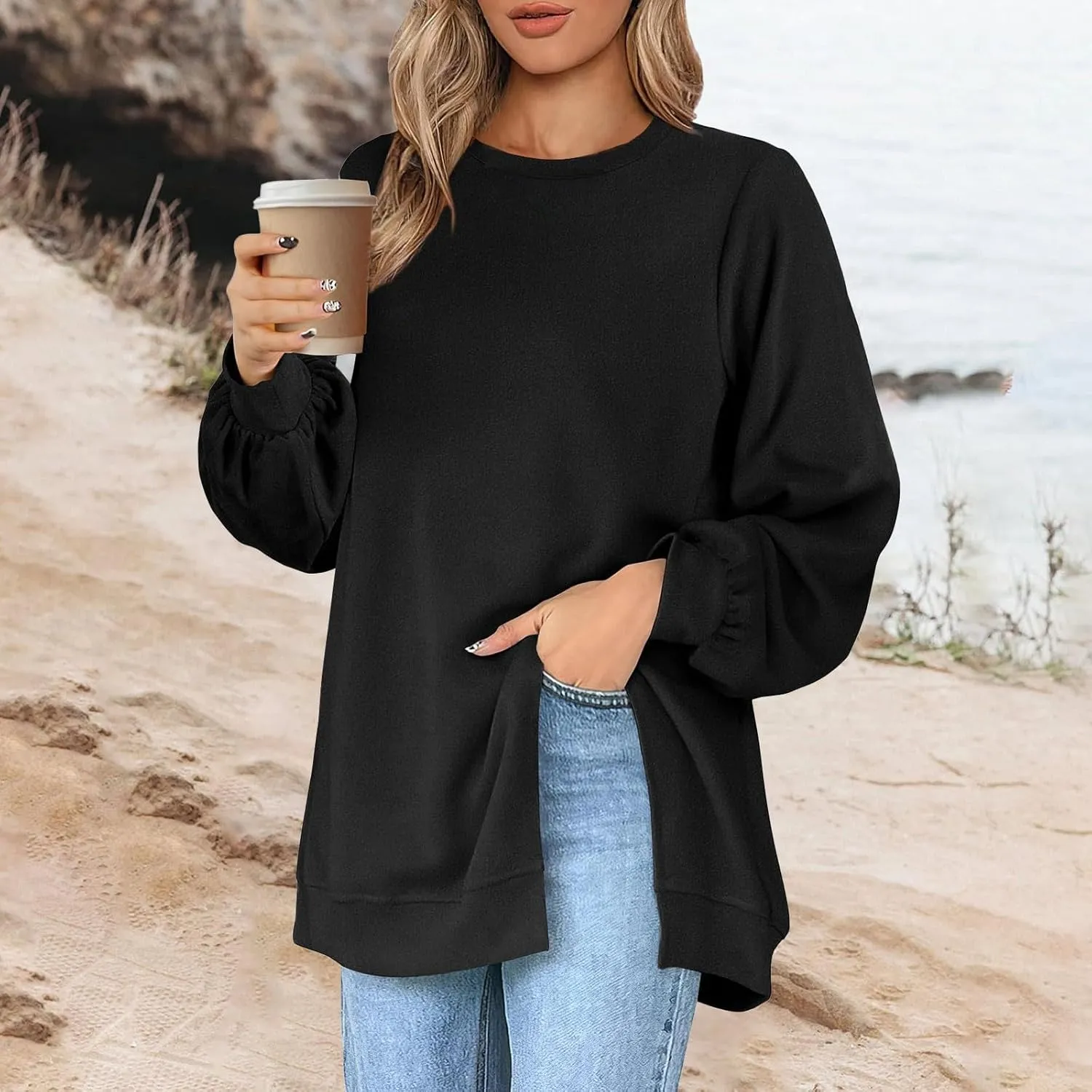 Womens Oversized Sweatshirt Y2k Baggy Side Slit Crewneck Sweatshirts Loose Fit Lightweight Pullover Tops Fall Clothes