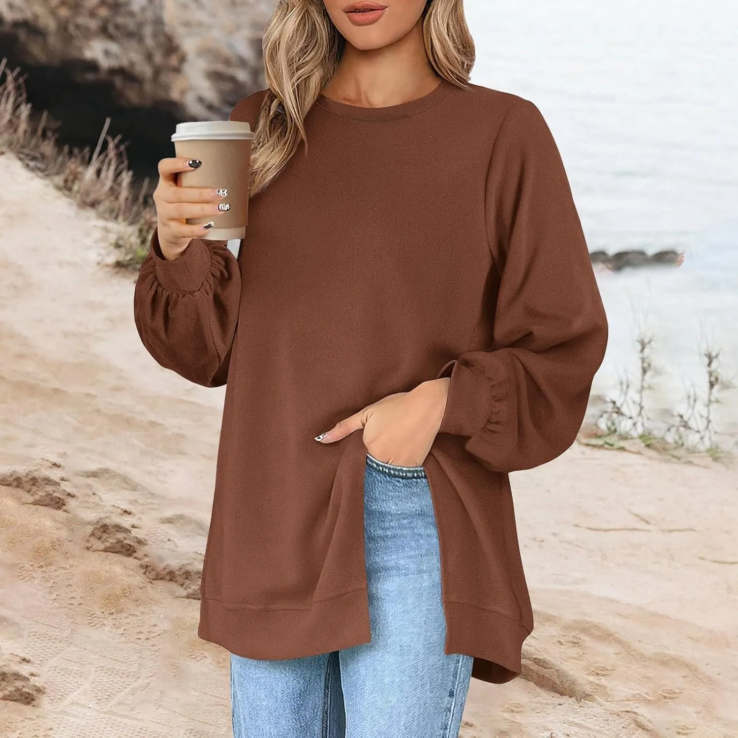 Womens Oversized Sweatshirt Y2k Baggy Side Slit Crewneck Sweatshirts Loose Fit Lightweight Pullover Tops Fall Clothes
