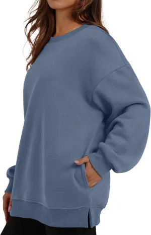 Womens Oversized Sweatshirts Side Slit Crewneck Long Sleeve Tops Loose Pullover 2024 Fall Trendy Clothes with Pocket