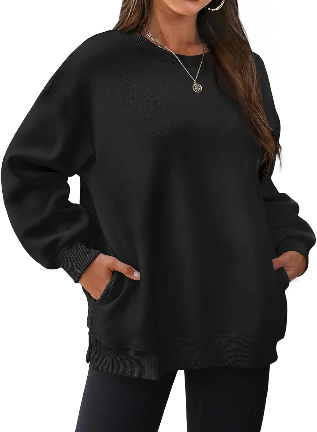 Womens Oversized Sweatshirts Side Slit Crewneck Long Sleeve Tops Loose Pullover 2024 Fall Trendy Clothes with Pocket
