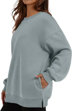 Womens Oversized Sweatshirts Side Slit Crewneck Long Sleeve Tops Loose Pullover 2024 Fall Trendy Clothes with Pocket