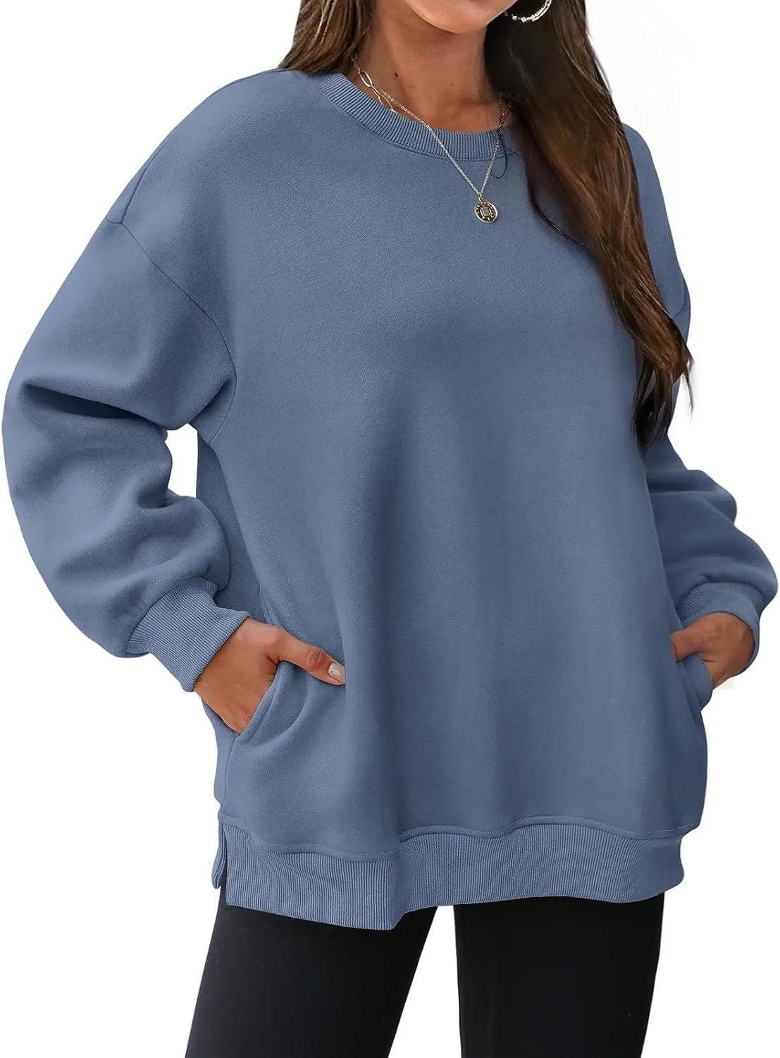 Womens Oversized Sweatshirts Side Slit Crewneck Long Sleeve Tops Loose Pullover 2024 Fall Trendy Clothes with Pocket