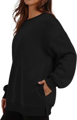 Womens Oversized Sweatshirts Side Slit Crewneck Long Sleeve Tops Loose Pullover 2024 Fall Trendy Clothes with Pocket