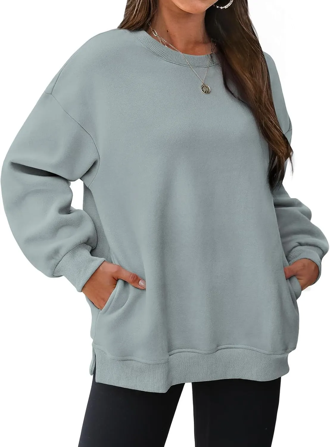 Womens Oversized Sweatshirts Side Slit Crewneck Long Sleeve Tops Loose Pullover 2024 Fall Trendy Clothes with Pocket