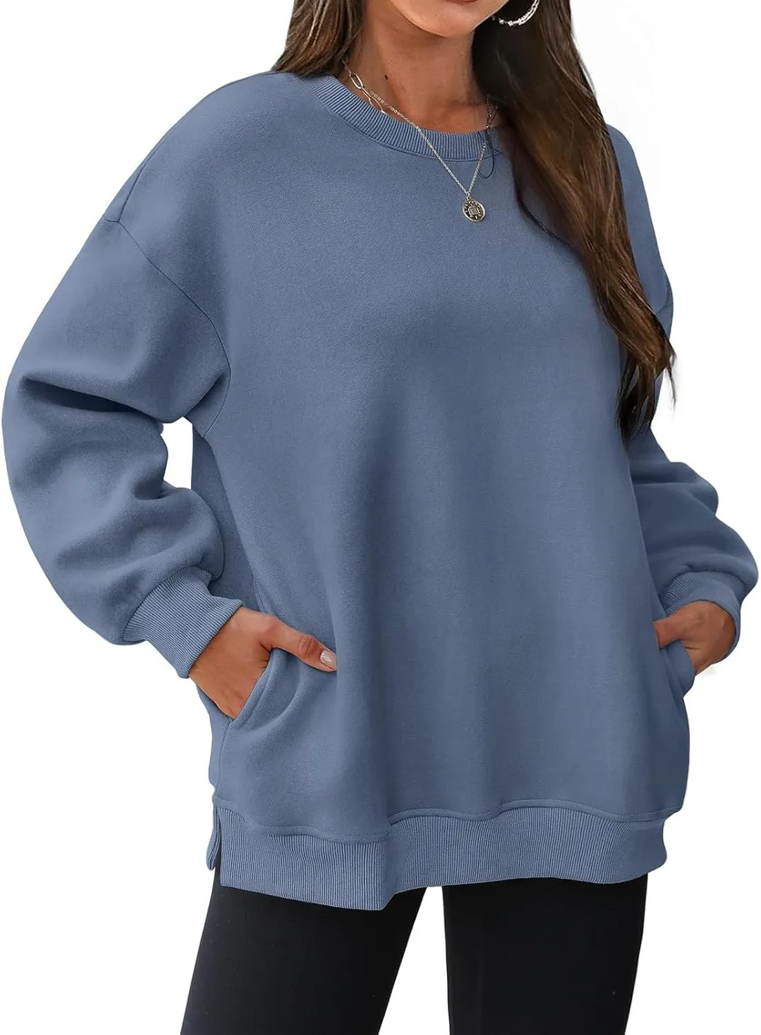 Womens Oversized Sweatshirts Side Slit Crewneck Long Sleeve Tops Loose Pullover 2024 Fall Trendy Clothes with Pocket