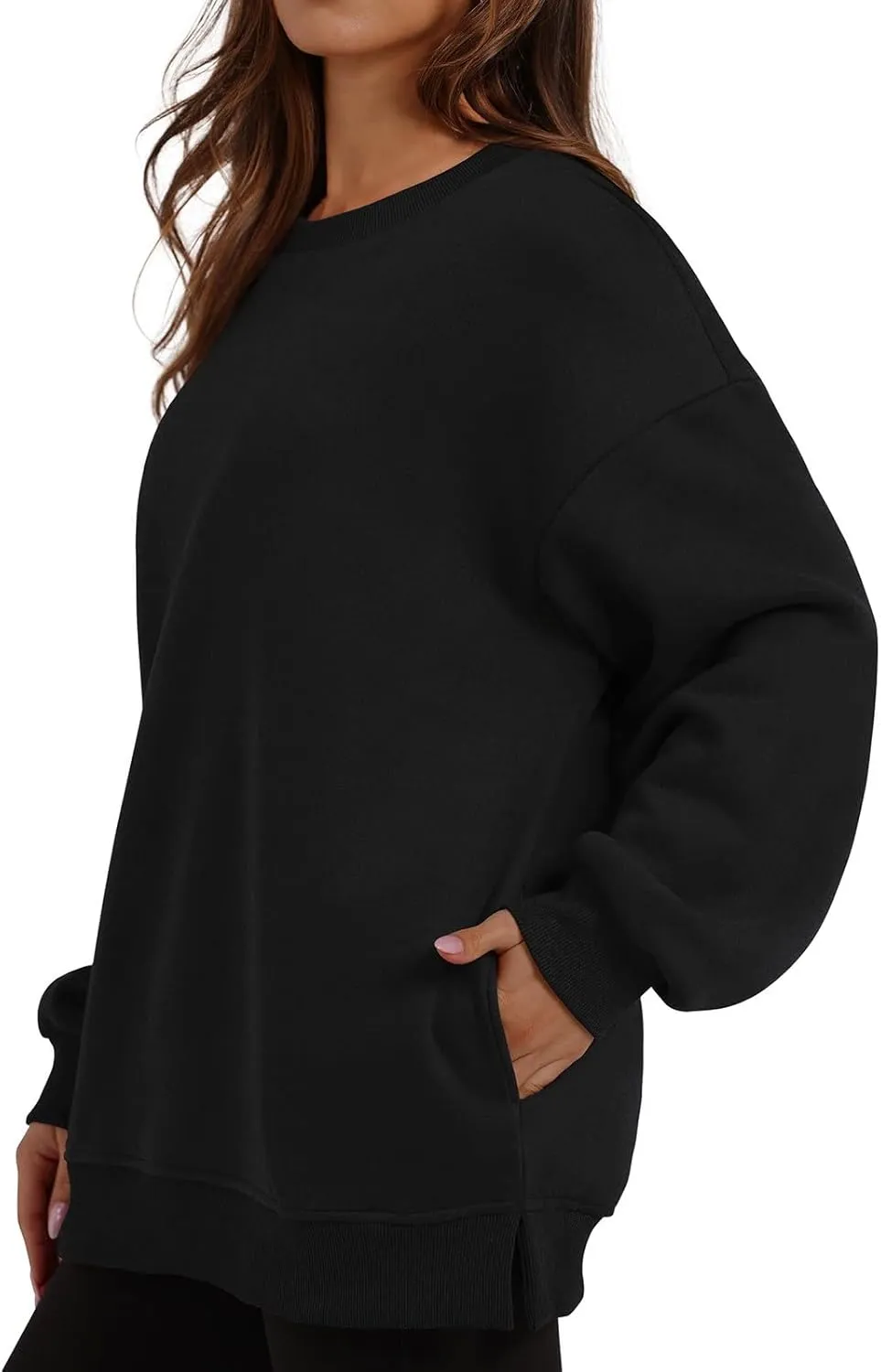 Womens Oversized Sweatshirts Side Slit Crewneck Long Sleeve Tops Loose Pullover 2024 Fall Trendy Clothes with Pocket