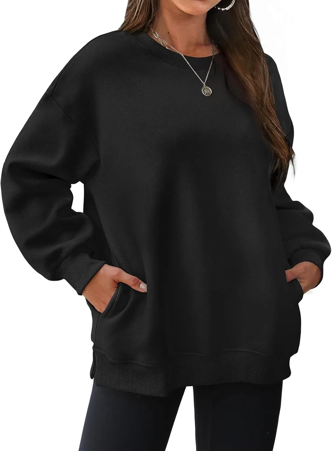Womens Oversized Sweatshirts Side Slit Crewneck Long Sleeve Tops Loose Pullover 2024 Fall Trendy Clothes with Pocket