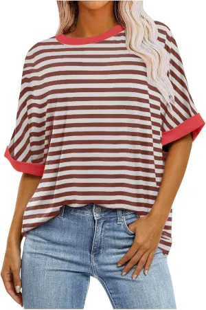 Womens Oversized T Shirts 2025 Trendy Striped Dressy Casual Crewneck Short Half Sleeve Colorblock Cute Summer Tops