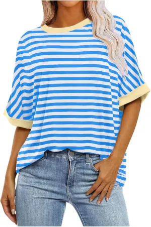 Womens Oversized T Shirts 2025 Trendy Striped Dressy Casual Crewneck Short Half Sleeve Colorblock Cute Summer Tops