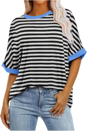 Womens Oversized T Shirts 2025 Trendy Striped Dressy Casual Crewneck Short Half Sleeve Colorblock Cute Summer Tops