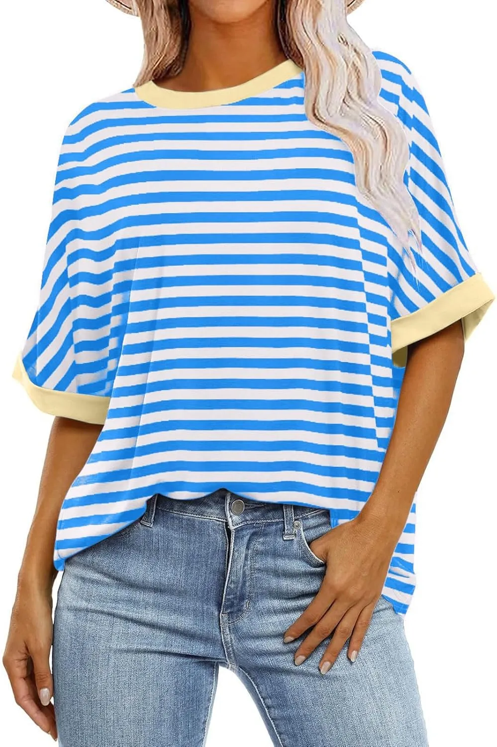 Womens Oversized T Shirts 2025 Trendy Striped Dressy Casual Crewneck Short Half Sleeve Colorblock Cute Summer Tops
