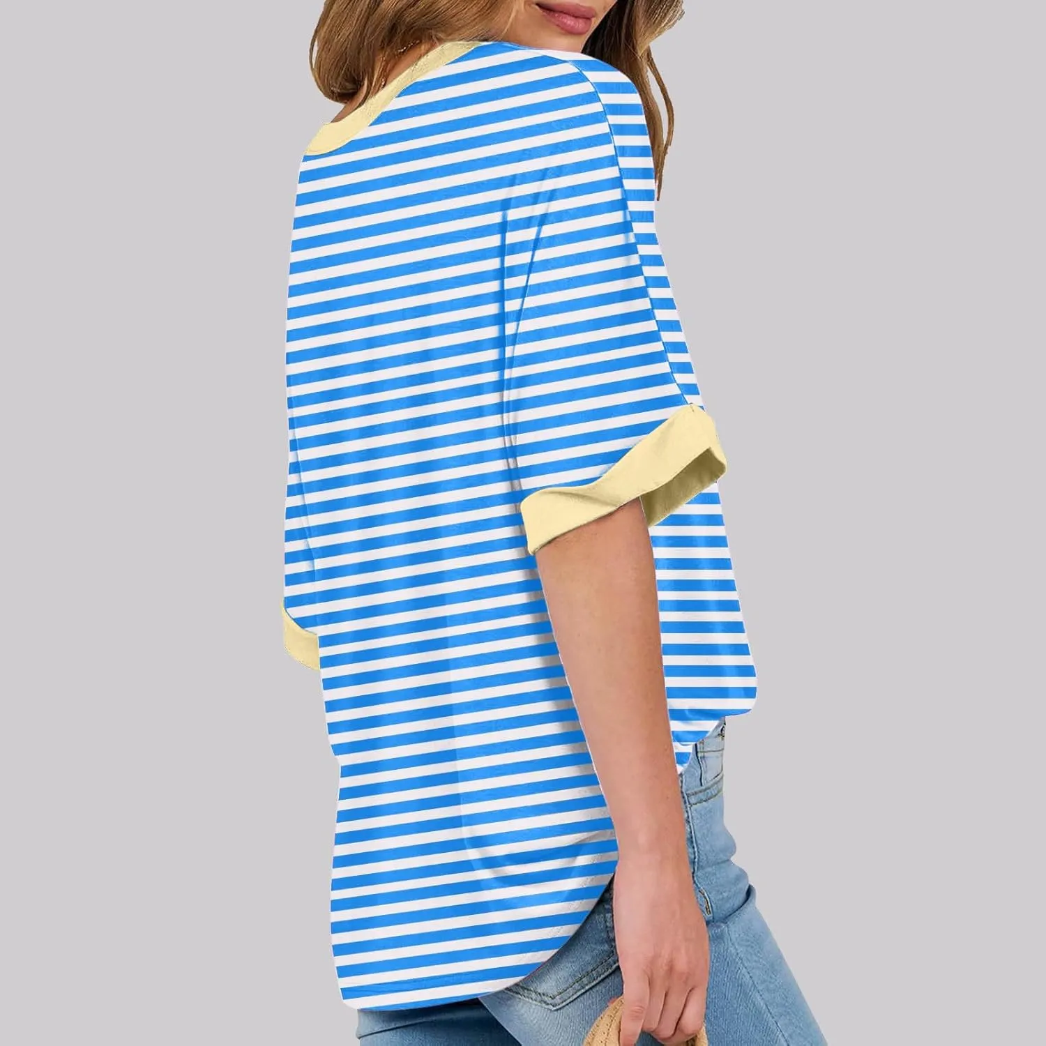 Womens Oversized T Shirts 2025 Trendy Striped Dressy Casual Crewneck Short Half Sleeve Colorblock Cute Summer Tops