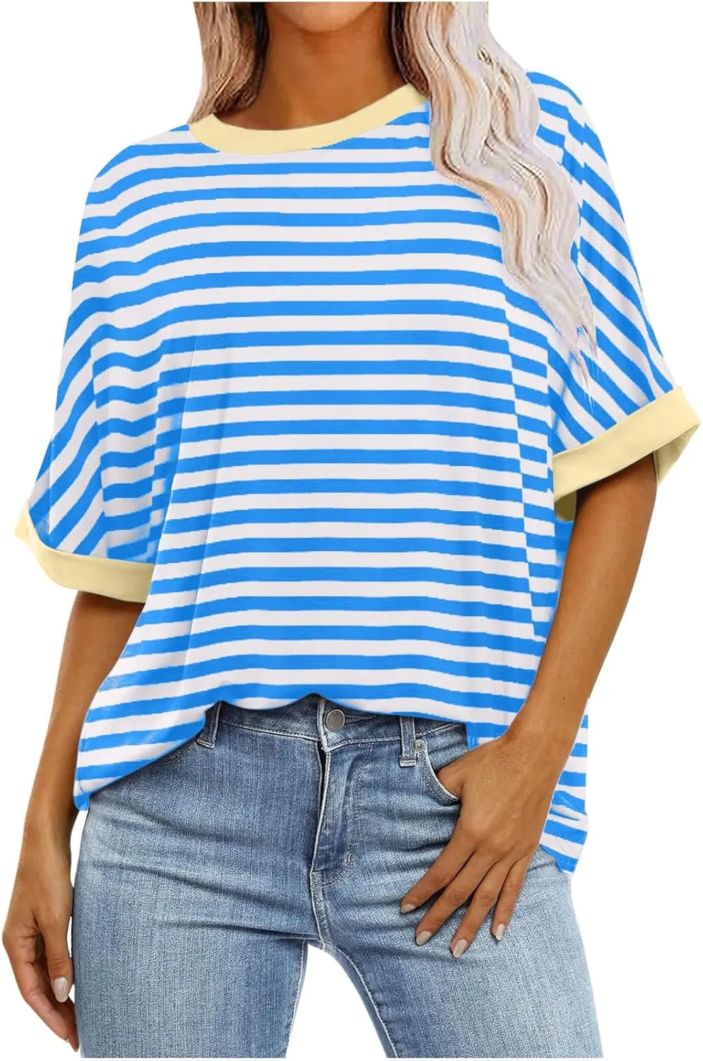 Womens Oversized T Shirts 2025 Trendy Striped Dressy Casual Crewneck Short Half Sleeve Colorblock Cute Summer Tops