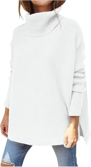 Women's Oversized Turtleneck Batwing Sleeve Split Casual Loose Knit Tunic Pullover Sweater Tops 2024 Fall Outfits