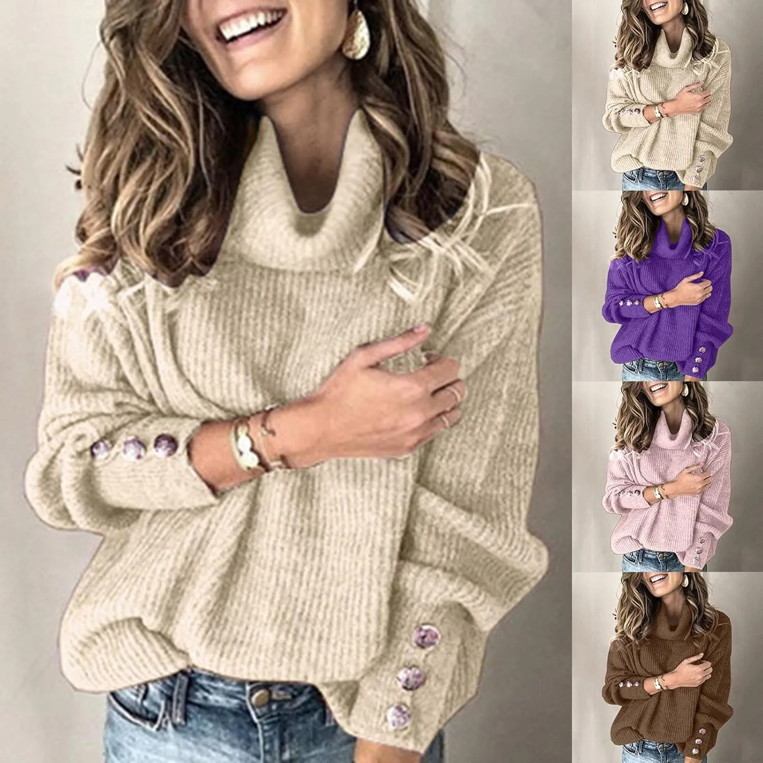 Women's Oversized Turtleneck Chunky Casual Pullover Sweaters Cowl Neck Long Sleeve Winter Slouchy Loose Knit Sweaters