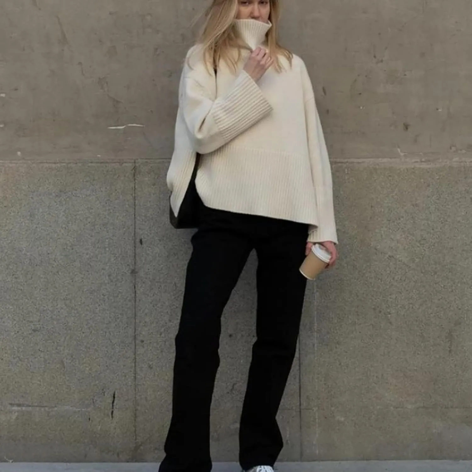 Women's Oversized Turtleneck Sweaters Solid Loose Knit 2024 Fall Batwing Sleeve Ribbed Tunic Sweater