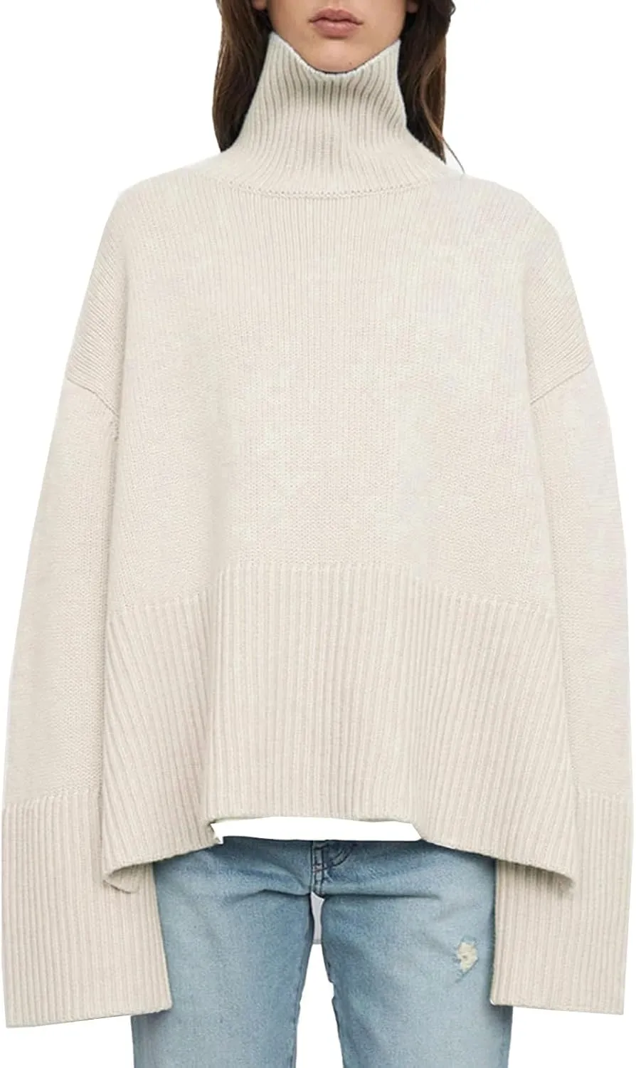 Women's Oversized Turtleneck Sweaters Solid Loose Knit 2024 Fall Batwing Sleeve Ribbed Tunic Sweater